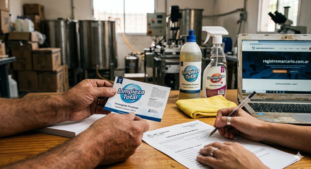Fabricante revisando la etiqueta de su marca de productos de limpieza mientras completa el formulario de registro marcario.