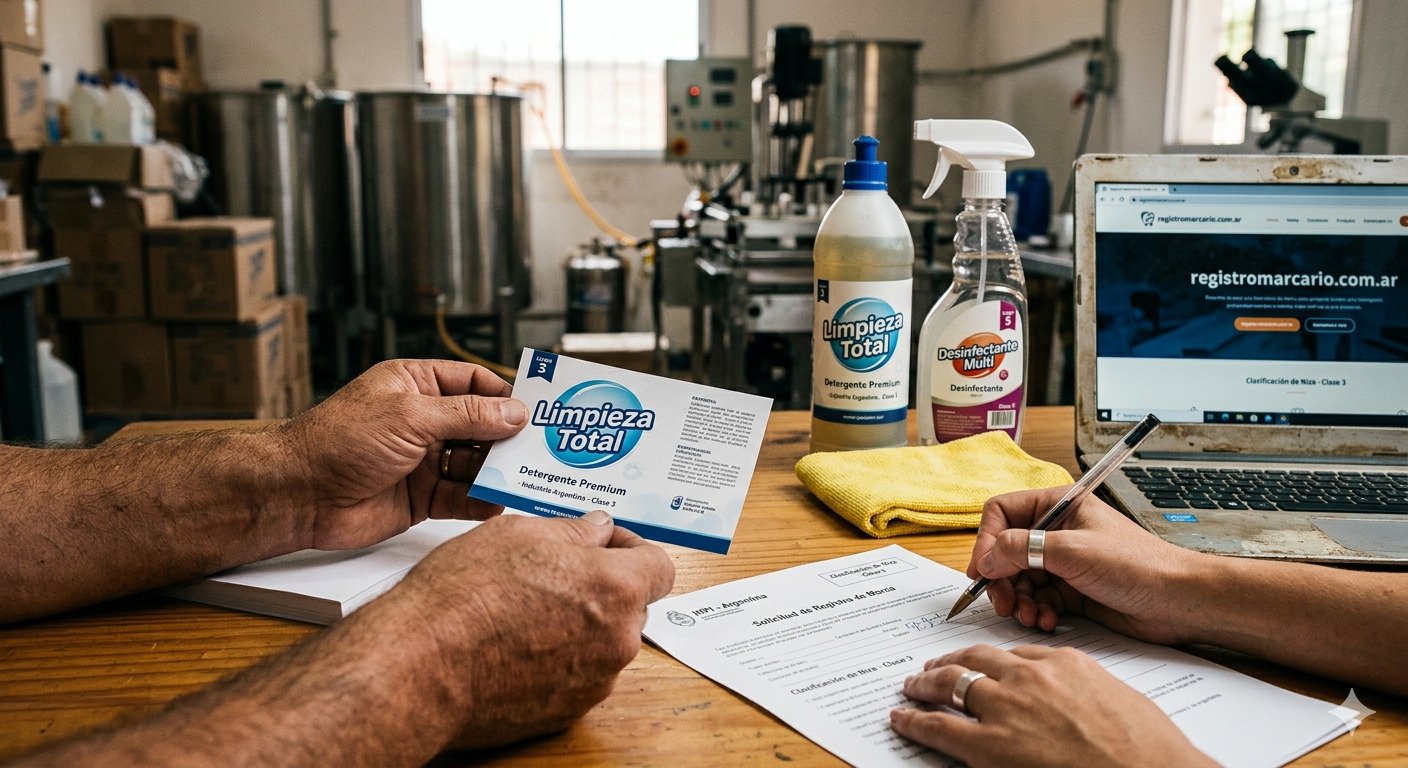 Fabricante revisando la etiqueta de su marca de productos de limpieza mientras completa el formulario de registro marcario.